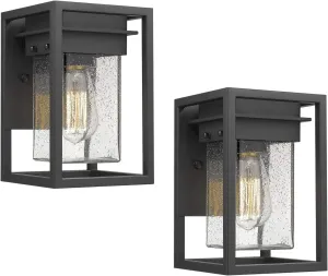 Outdoor Wall Lights 2 Pack, Black Waterproof Exterior Lighting Fixtures with Seeded Glass, Modern Square Patio Porch Wall Mount Light for Porch House Garage, 2103-1W-2PK