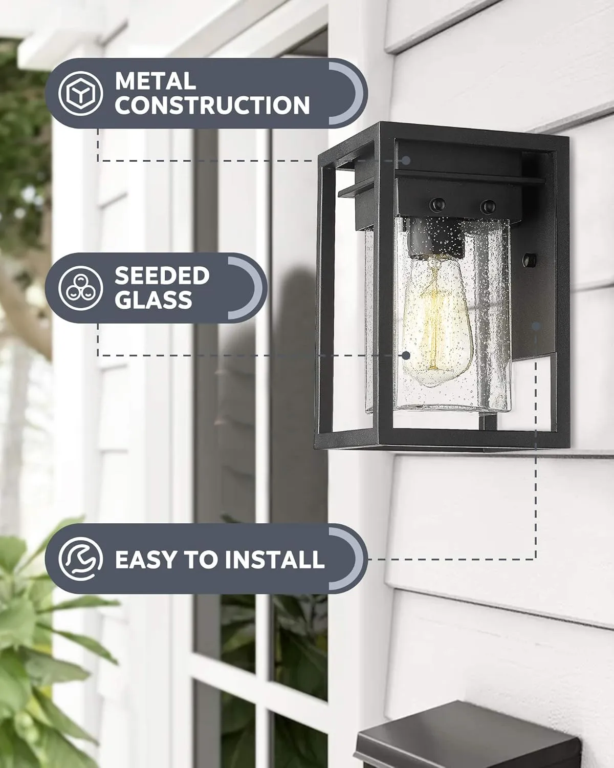 Outdoor Wall Lights 2 Pack, Black Waterproof Exterior Lighting Fixtures with Seeded Glass, Modern Square Patio Porch Wall Mount Light for Porch House Garage, 2103-1W-2PK