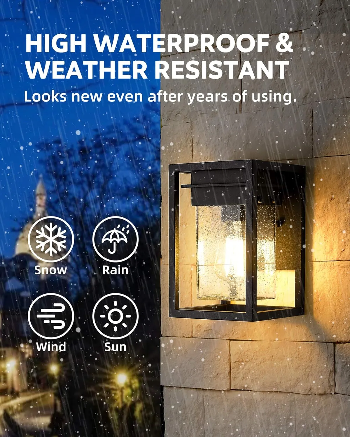Outdoor Wall Lights 2 Pack, Black Waterproof Exterior Lighting Fixtures with Seeded Glass, Modern Square Patio Porch Wall Mount Light for Porch House Garage, 2103-1W-2PK