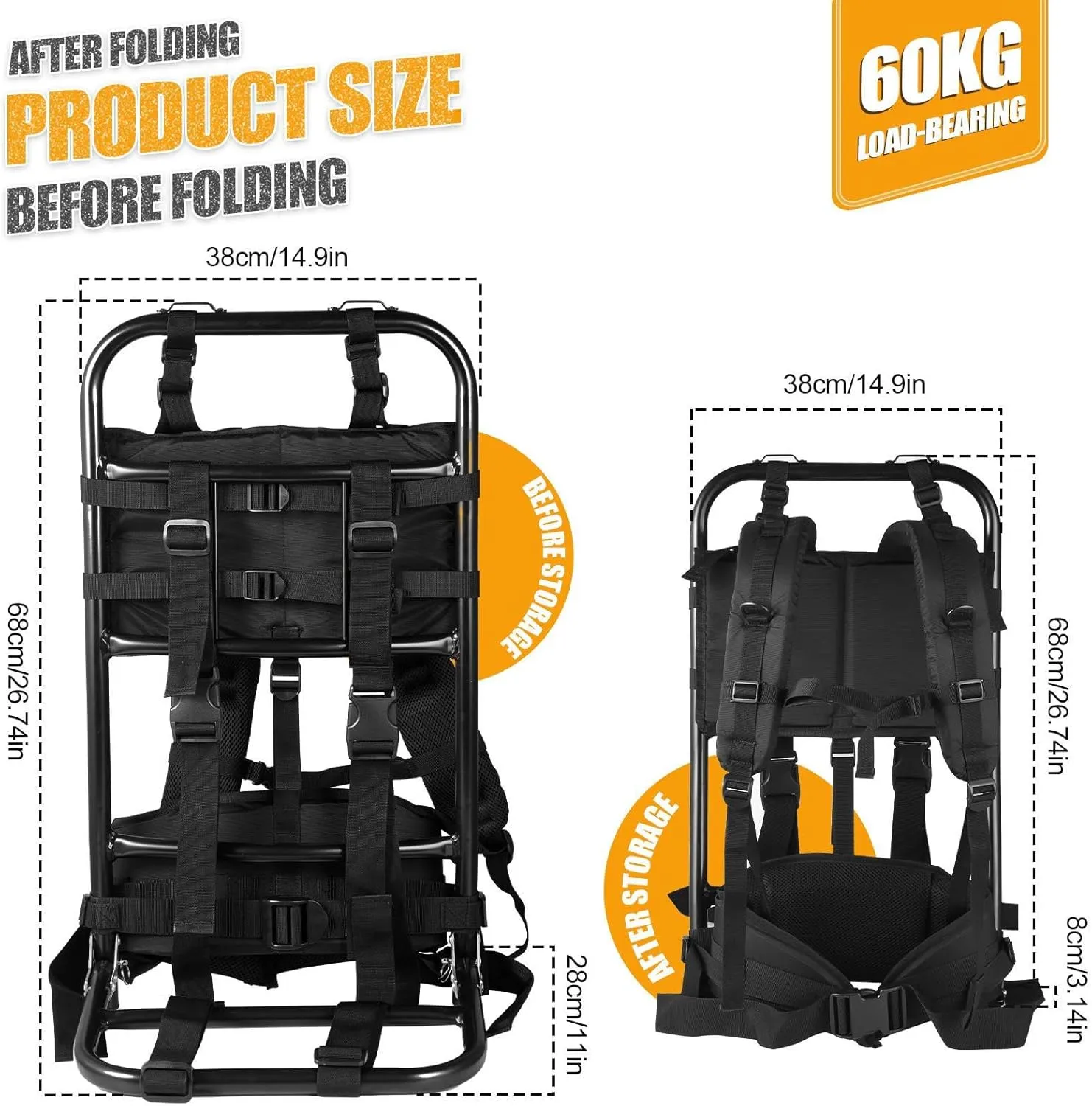 Pack Frame with Attachments - External Aluminum Frame Hiking Backpacks, rip-stop Nylon Fabric, Supports up to 132 lbs, Lightweight, portable and adjustable, for Camping, Hiking, Hunting (Black)