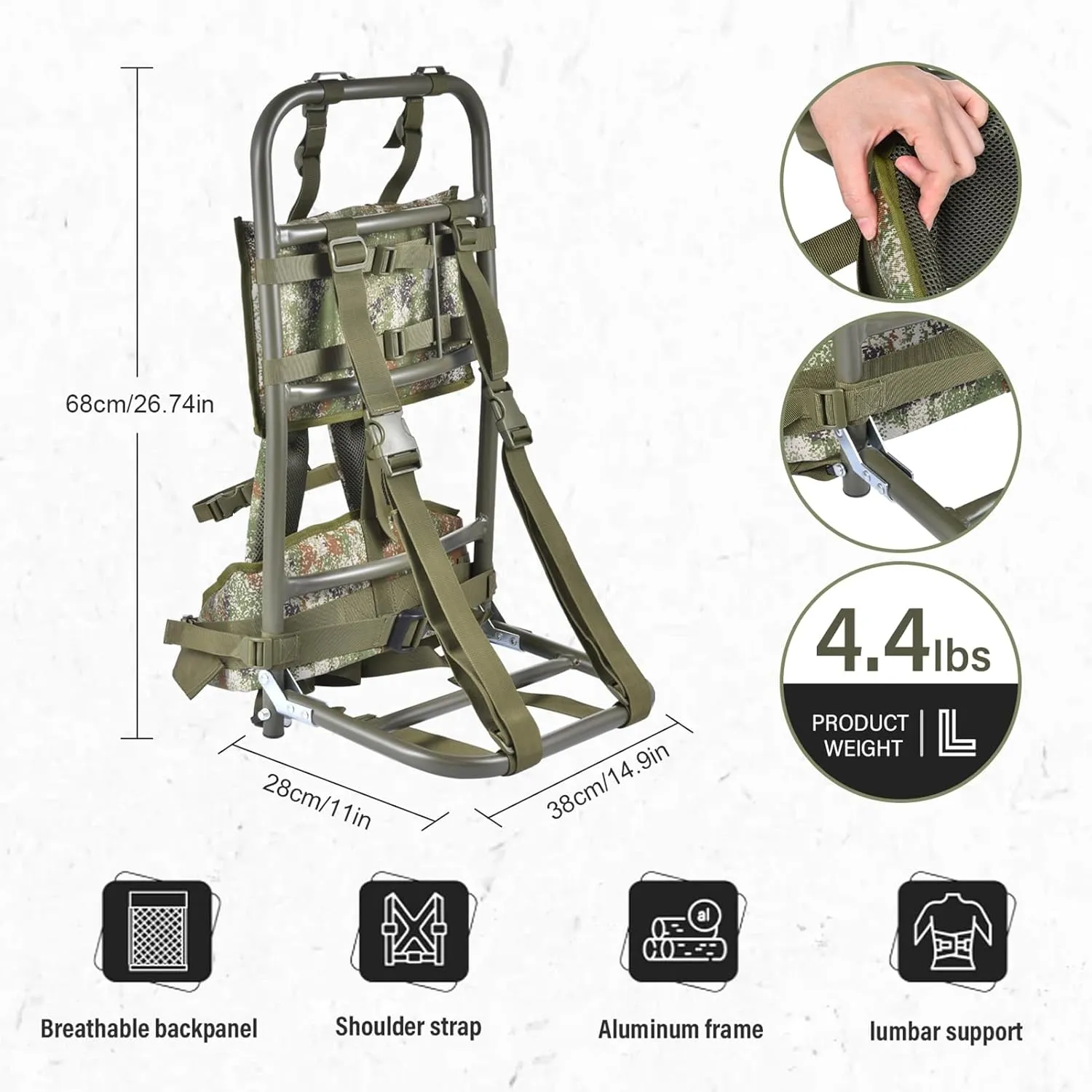 Pack Frames For Hunting, External Frame Backpack Load 132.3lb, External Frame Backpack With Adjustable Height For Extra Large Load Hunting Hiking Design