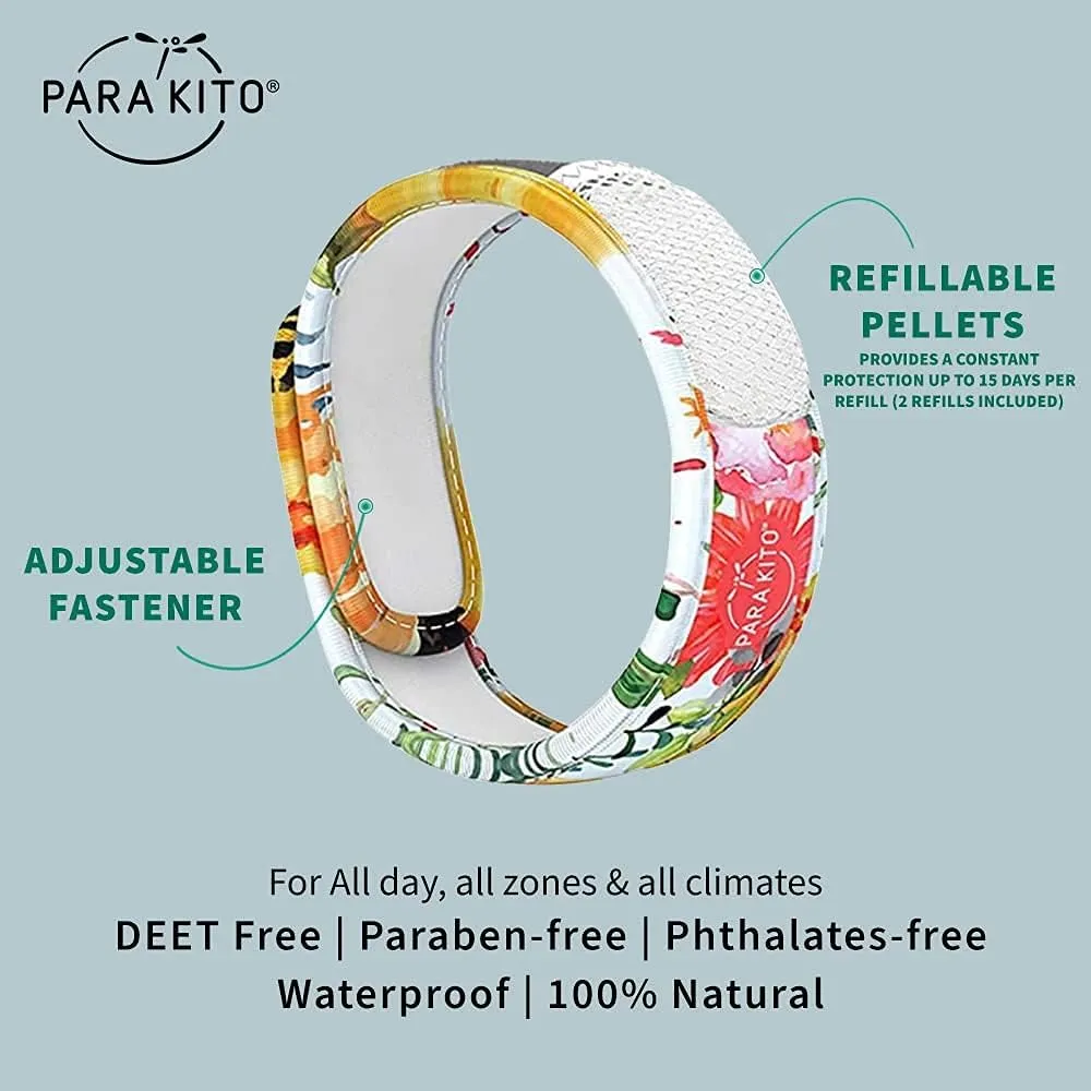 PARA'KITO Mosquito Insect & Bug Protection Wristband - Mosquito Stickers & Bug Spray Alternative - Summer Essentials, Beach Accessories, Hiking & Camping Essentials - Natural Essential Oils (Flowery)