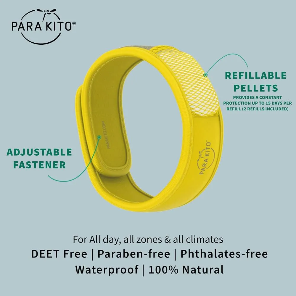 PARA'KITO Mosquito Insect & Bug Protection Wristband - Mosquito Stickers, Bug Spray Alternative Essentials for Beach, Camping, Desert Hiking, Christmas Bonfires - Natural Essential Oils (Yellow)