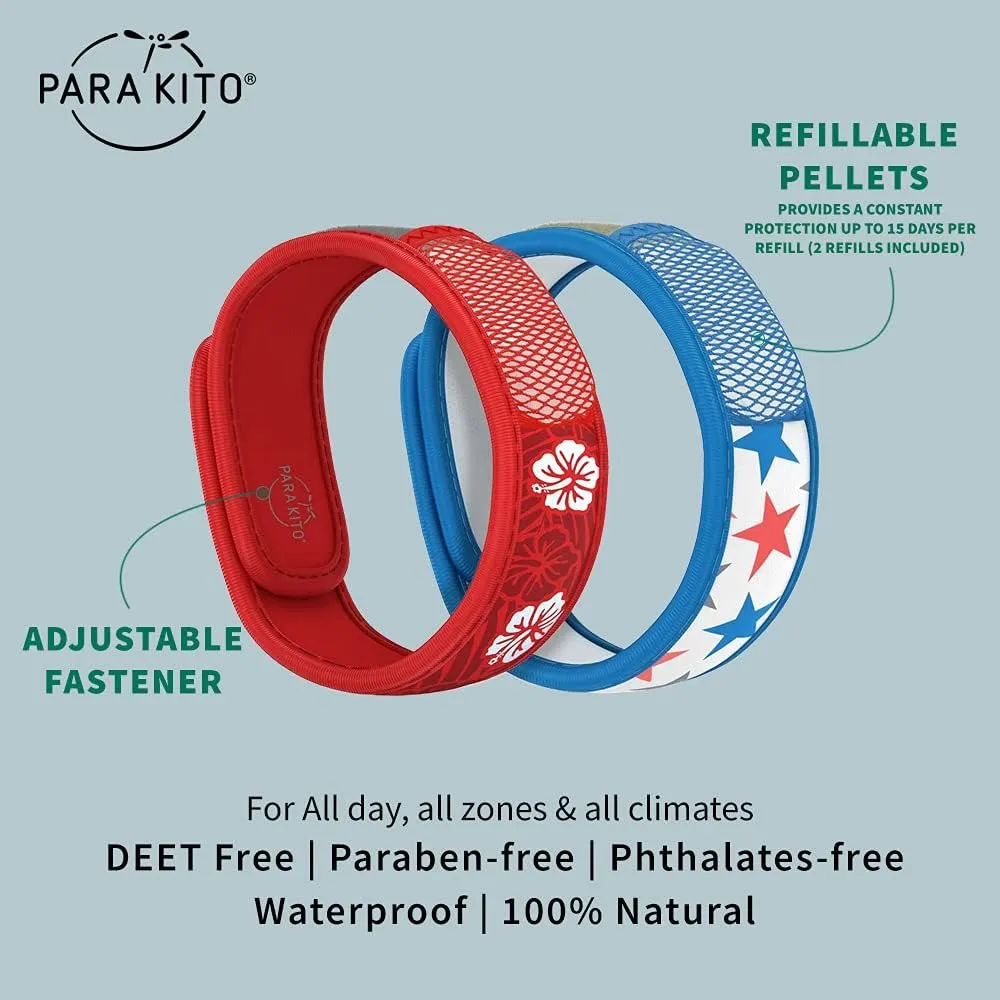 PARA'KITO Mosquito Repellent Bracelets   Refill Pellets Bundle, Mosquito Bracelets, Peppermint Oil, DEET Free Mosquito Repeller, Hiking Accessories, 2 Wristbands & 2 Refills (Hawaii   Stars)