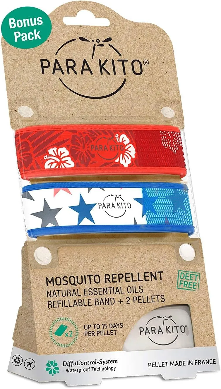 PARA'KITO Mosquito Repellent Bracelets   Refill Pellets Bundle, Mosquito Bracelets, Peppermint Oil, DEET Free Mosquito Repeller, Hiking Accessories, 2 Wristbands & 2 Refills (Hawaii   Stars)