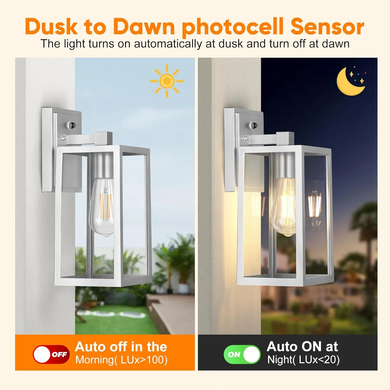 PARTPHONER Silver Dusk to Dawn Porch Lights Fixtures Wall Mount, Sensor Exterior Lighting Lamp Set of 2, Anti Rust Wall Sconce, Waterproof Outdoor Lantern for House Doorway, Garage