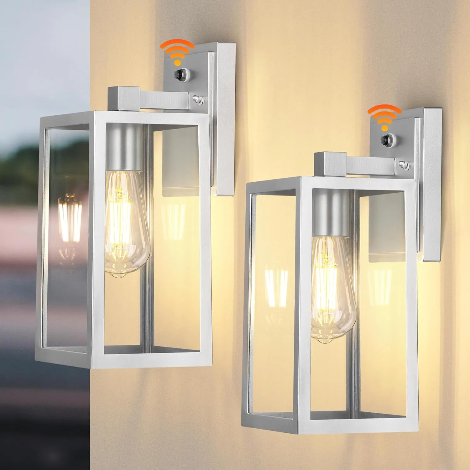 PARTPHONER Silver Dusk to Dawn Porch Lights Fixtures Wall Mount, Sensor Exterior Lighting Lamp Set of 2, Anti Rust Wall Sconce, Waterproof Outdoor Lantern for House Doorway, Garage