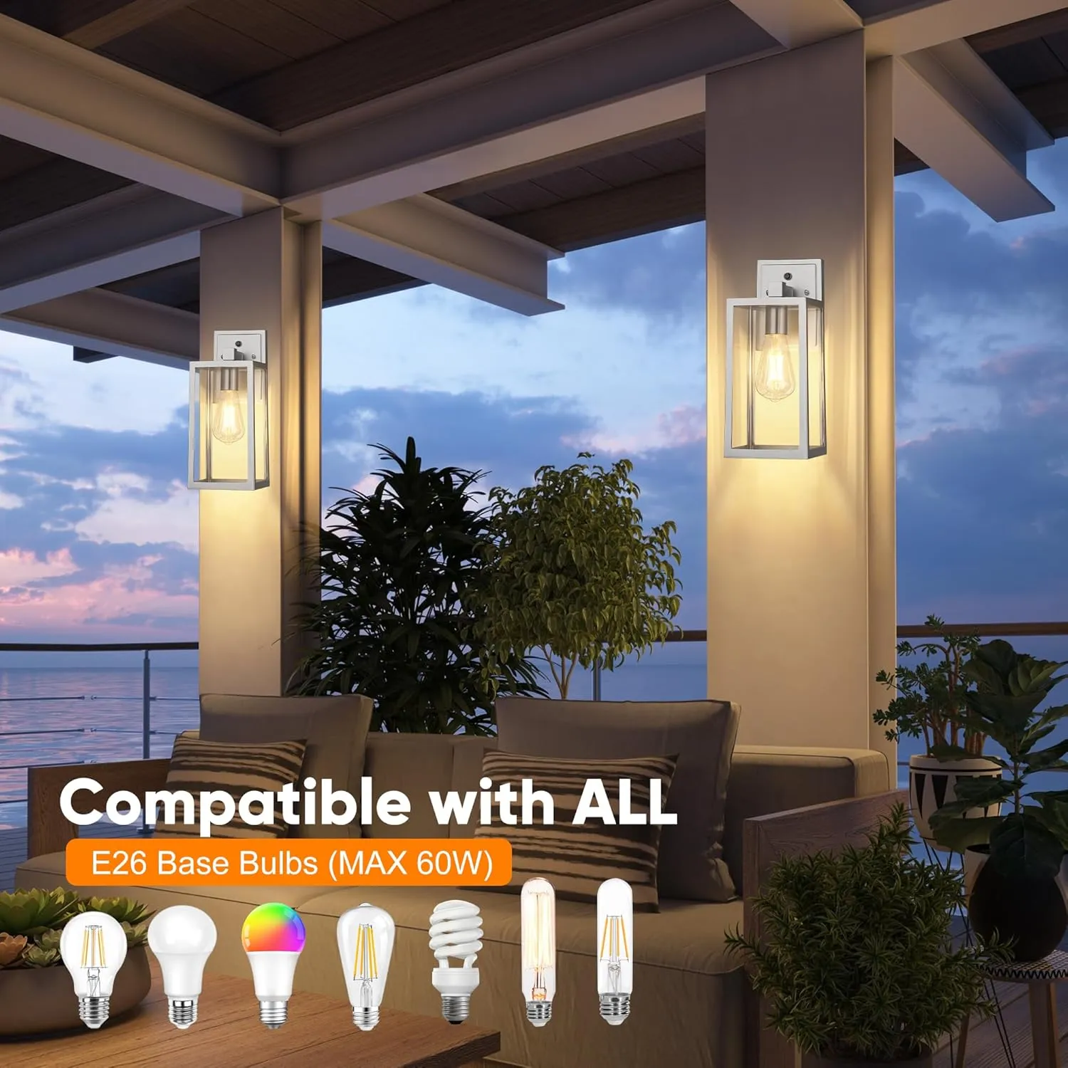 PARTPHONER Silver Dusk to Dawn Porch Lights Fixtures Wall Mount, Sensor Exterior Lighting Lamp Set of 2, Anti Rust Wall Sconce, Waterproof Outdoor Lantern for House Doorway, Garage