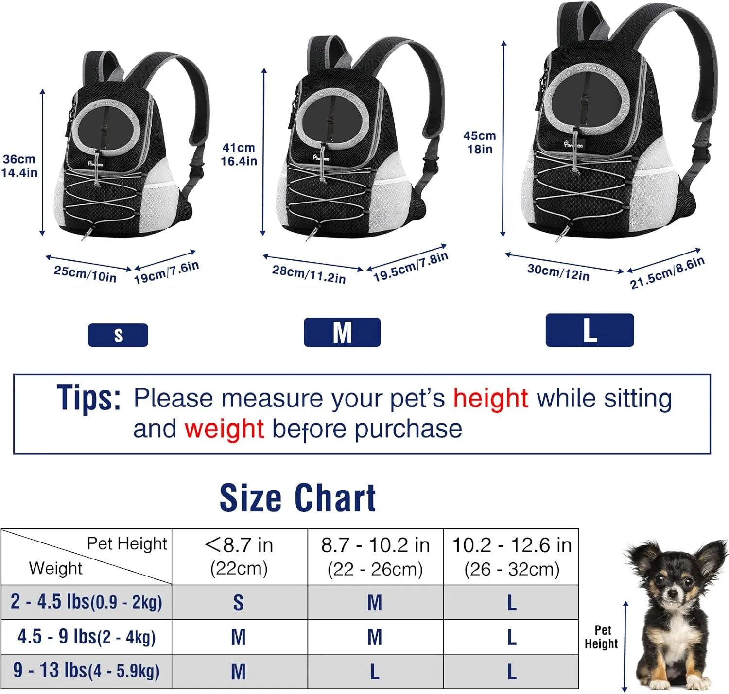 Pawaboo Pet Dog Carrier Backpack, Puppy Dog Travel Front Carrier for Small Medium Dogs Cats, Adjustable Breathable Dog Carrying Backpack with Safety Strips for Hiking, Walking (Black M Up to 10 lbs)