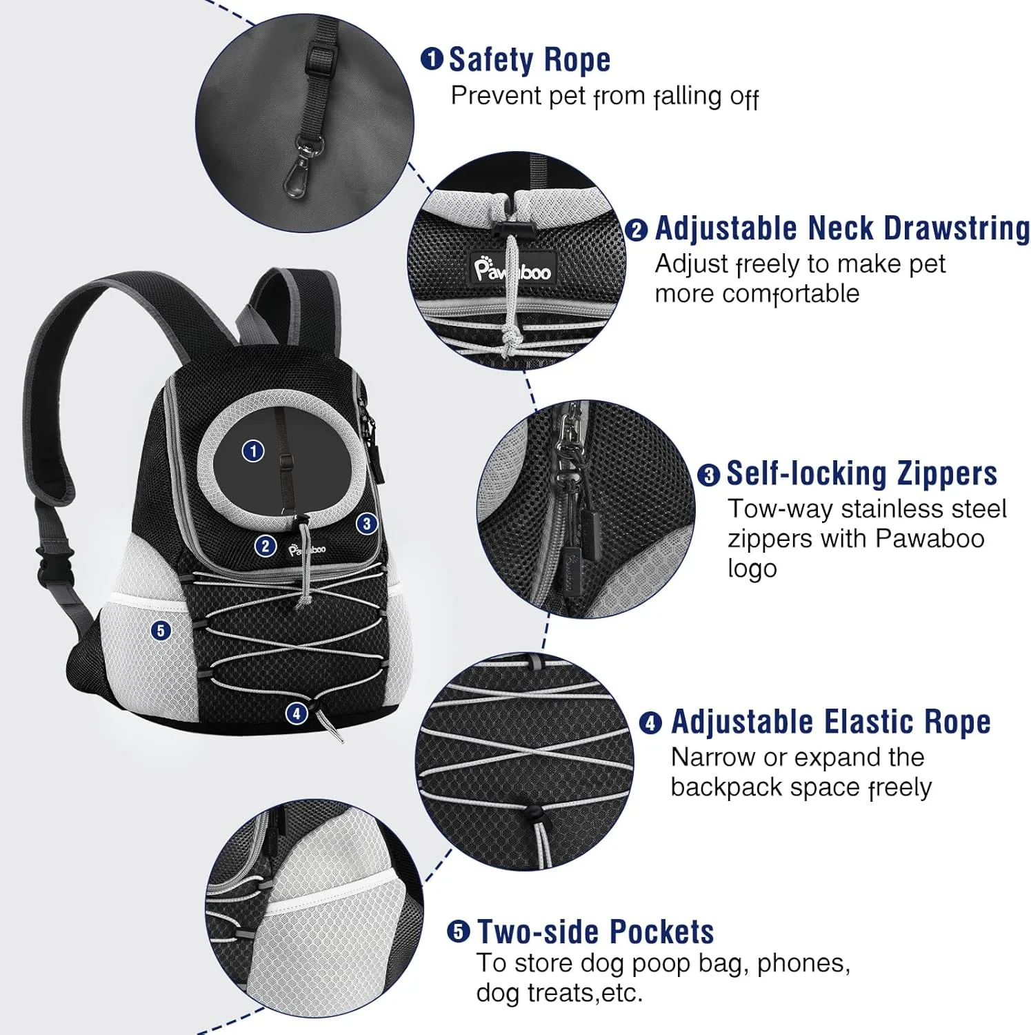 Pawaboo Pet Dog Carrier Backpack, Puppy Dog Travel Front Carrier for Small Medium Dogs Cats, Adjustable Breathable Dog Carrying Backpack with Safety Strips for Hiking, Walking (Black M Up to 10 lbs)