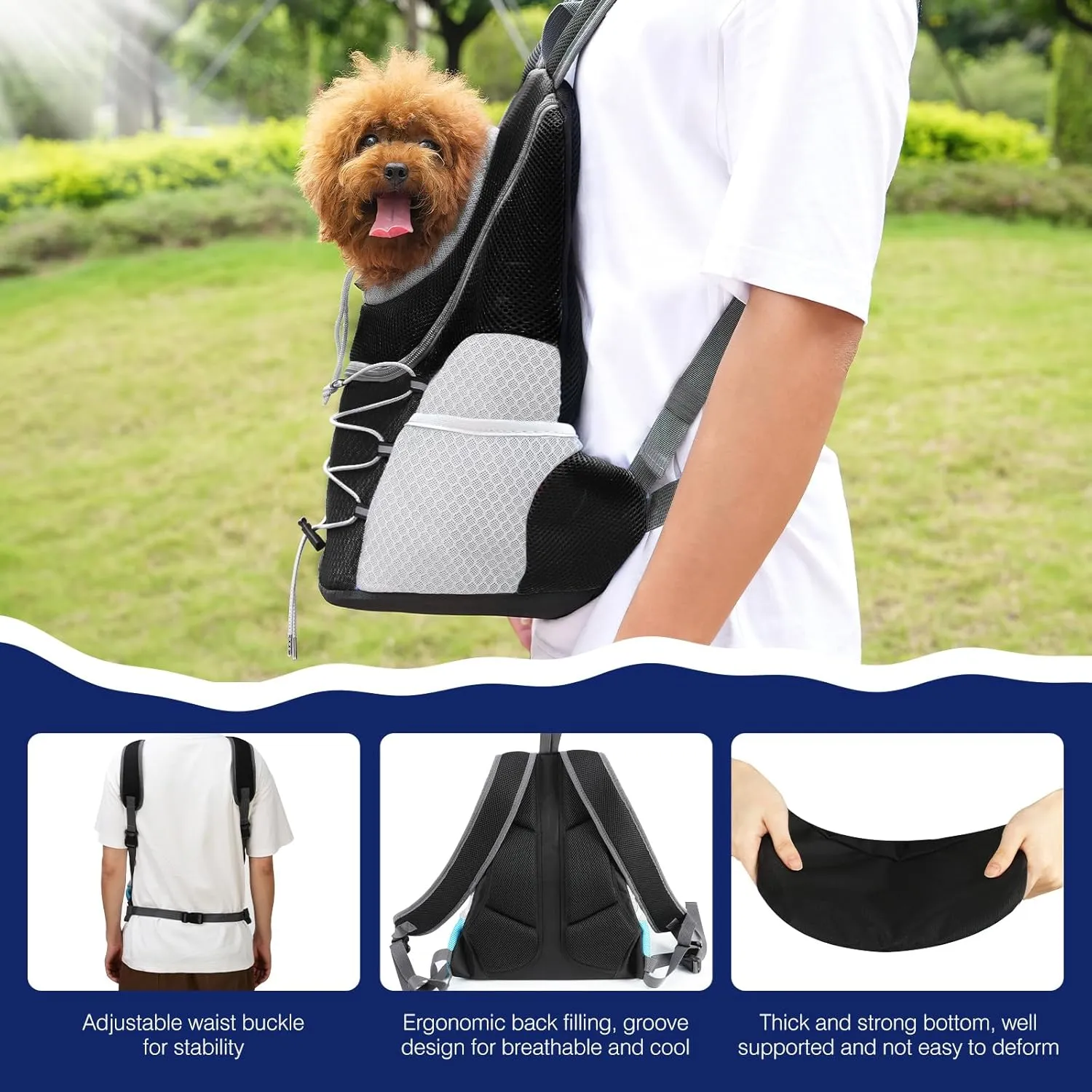 Pawaboo Pet Dog Carrier Backpack, Puppy Dog Travel Front Carrier for Small Medium Dogs Cats, Adjustable Breathable Dog Carrying Backpack with Safety Strips for Hiking, Walking (Black M Up to 10 lbs)