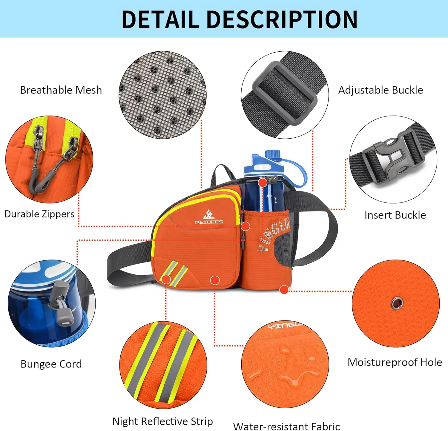 Peicees Waist Bag Fanny Pack with Water Bottle Holder for Men Women Hiking Running Dog Walking Fit All Phones (Bottle Not Included), Colorful Reflective Strip&Zipper-Orange
