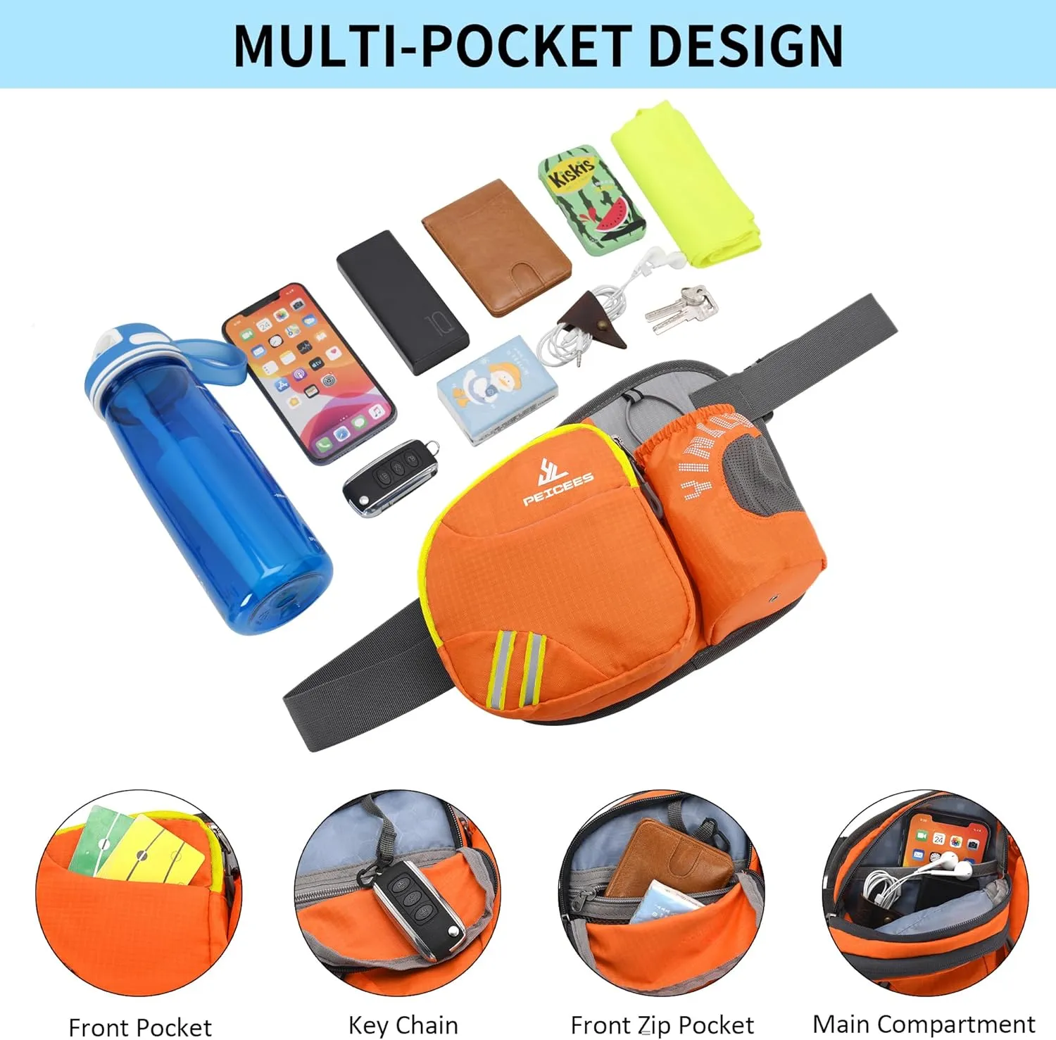 Peicees Waist Bag Fanny Pack with Water Bottle Holder for Men Women Hiking Running Dog Walking Fit All Phones (Bottle Not Included), Colorful Reflective Strip&Zipper-Orange
