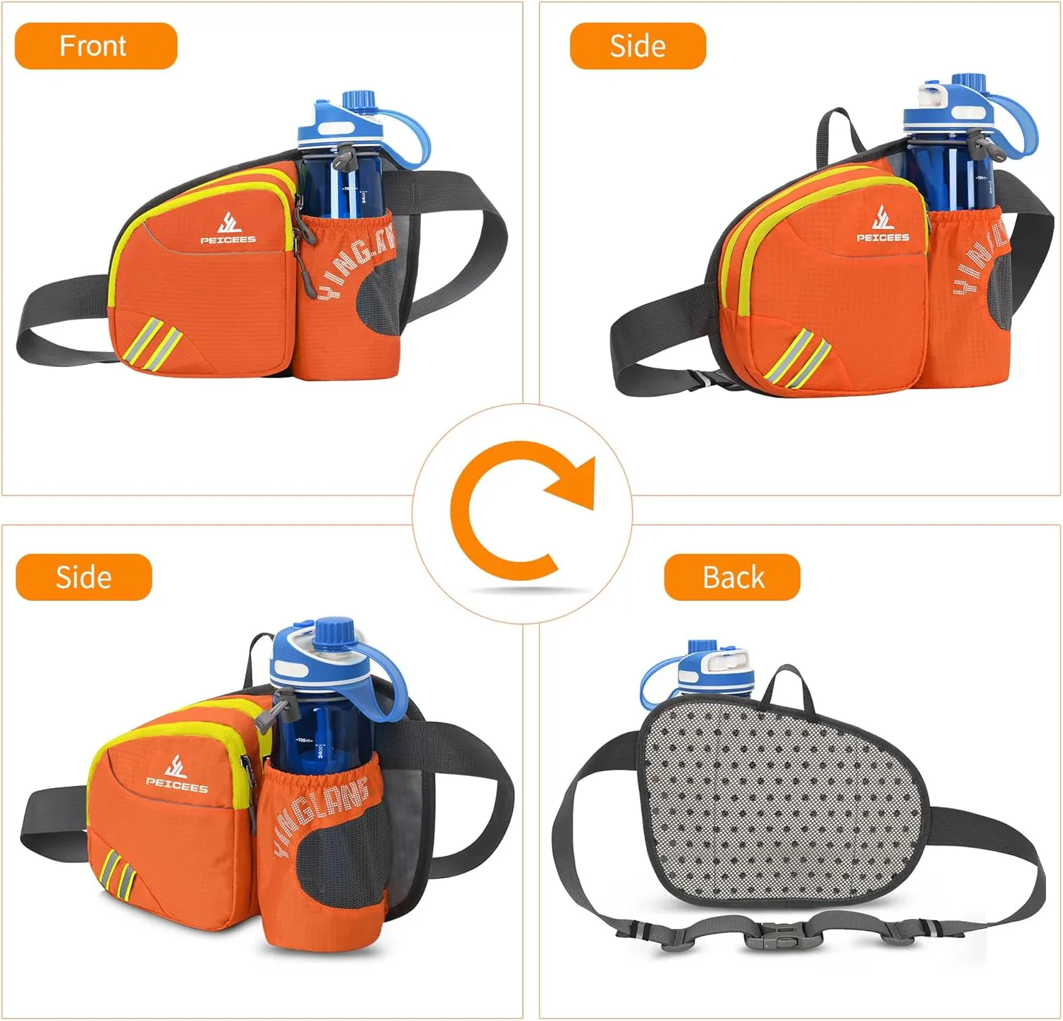 Peicees Waist Bag Fanny Pack with Water Bottle Holder for Men Women Hiking Running Dog Walking Fit All Phones (Bottle Not Included), Colorful Reflective Strip&Zipper-Orange