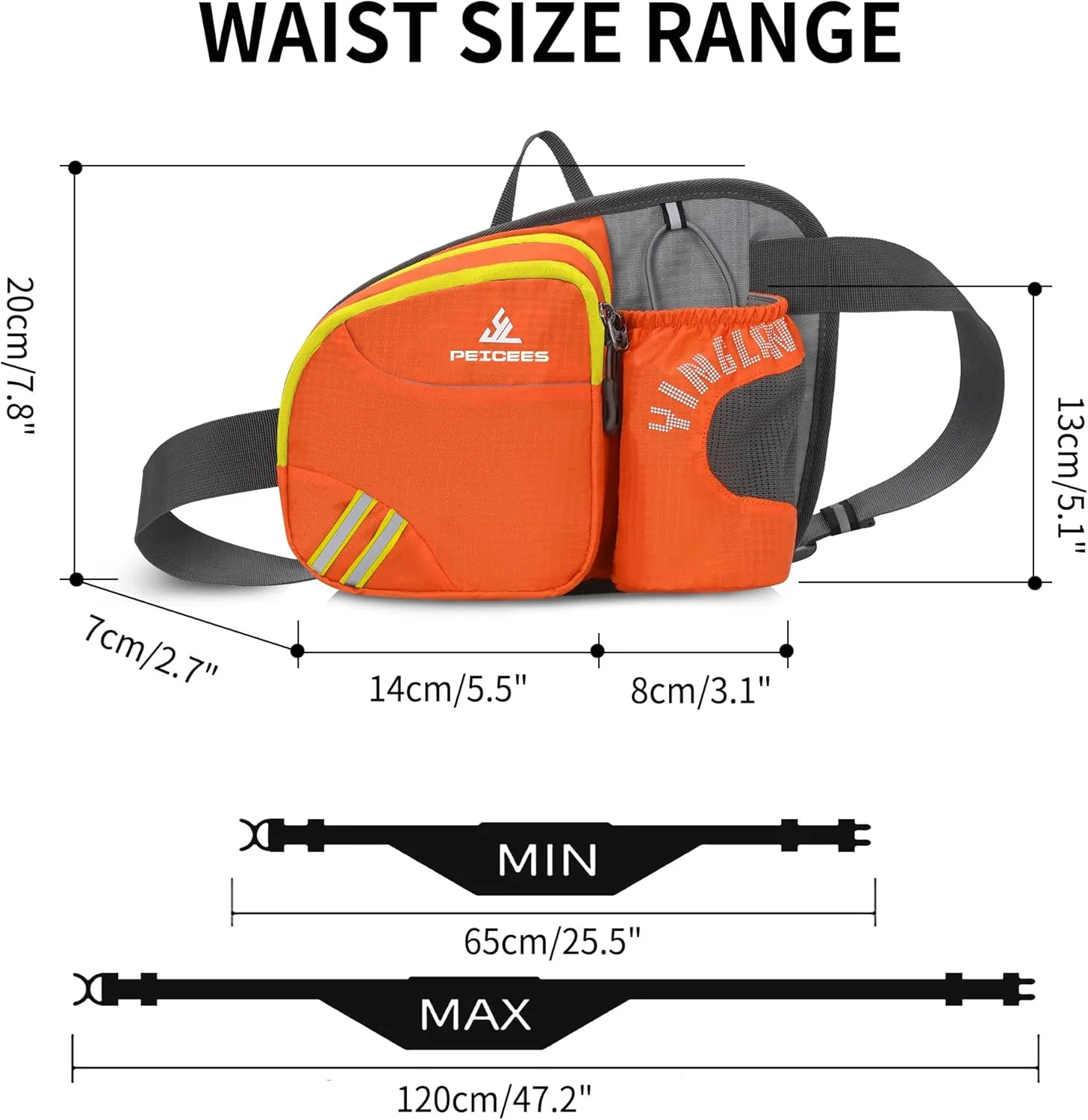 Peicees Waist Bag Fanny Pack with Water Bottle Holder for Men Women Hiking Running Dog Walking Fit All Phones (Bottle Not Included), Colorful Reflective Strip&Zipper-Orange