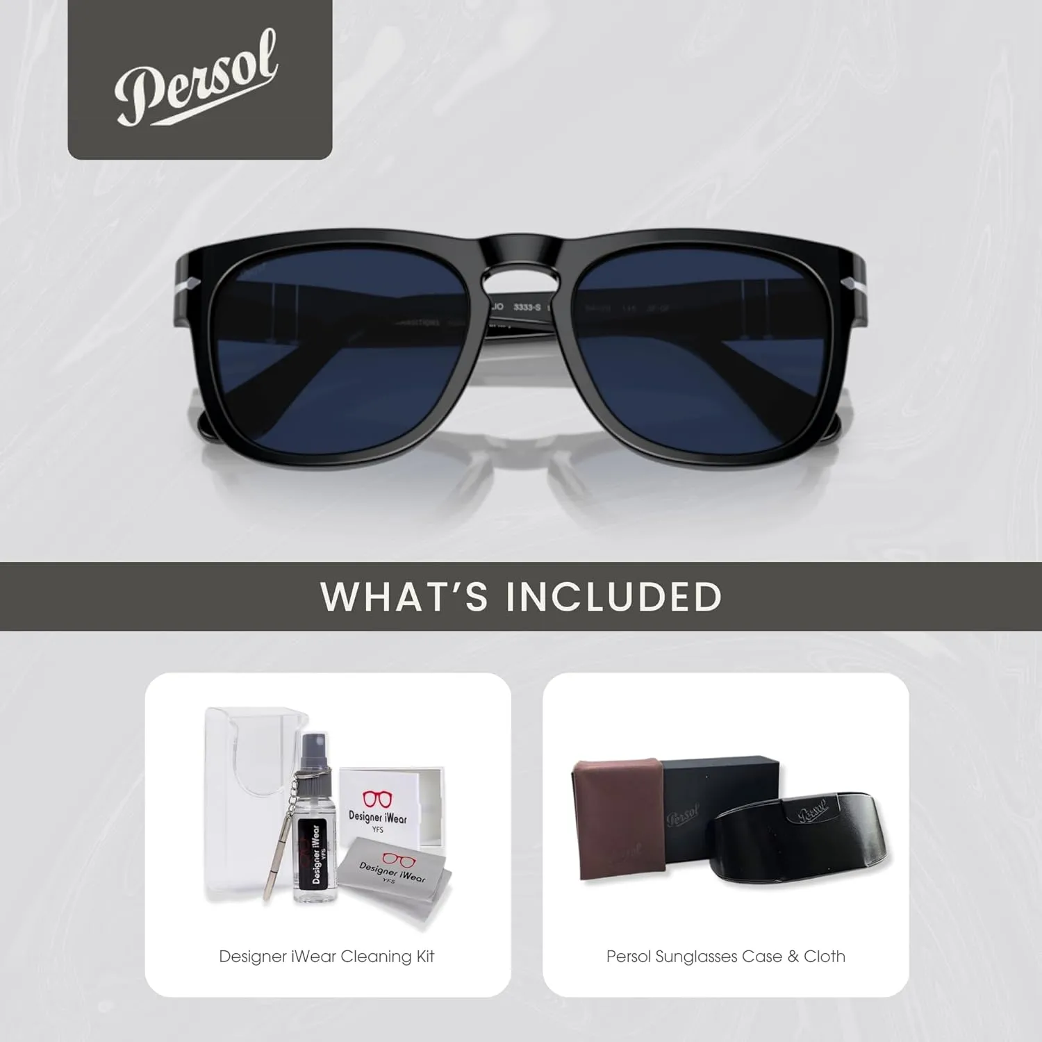 Persol Elio PO3333S Square Sunglasses for Men for Women   BUNDLE With Designer iWear Complimentary Eyewear Kit