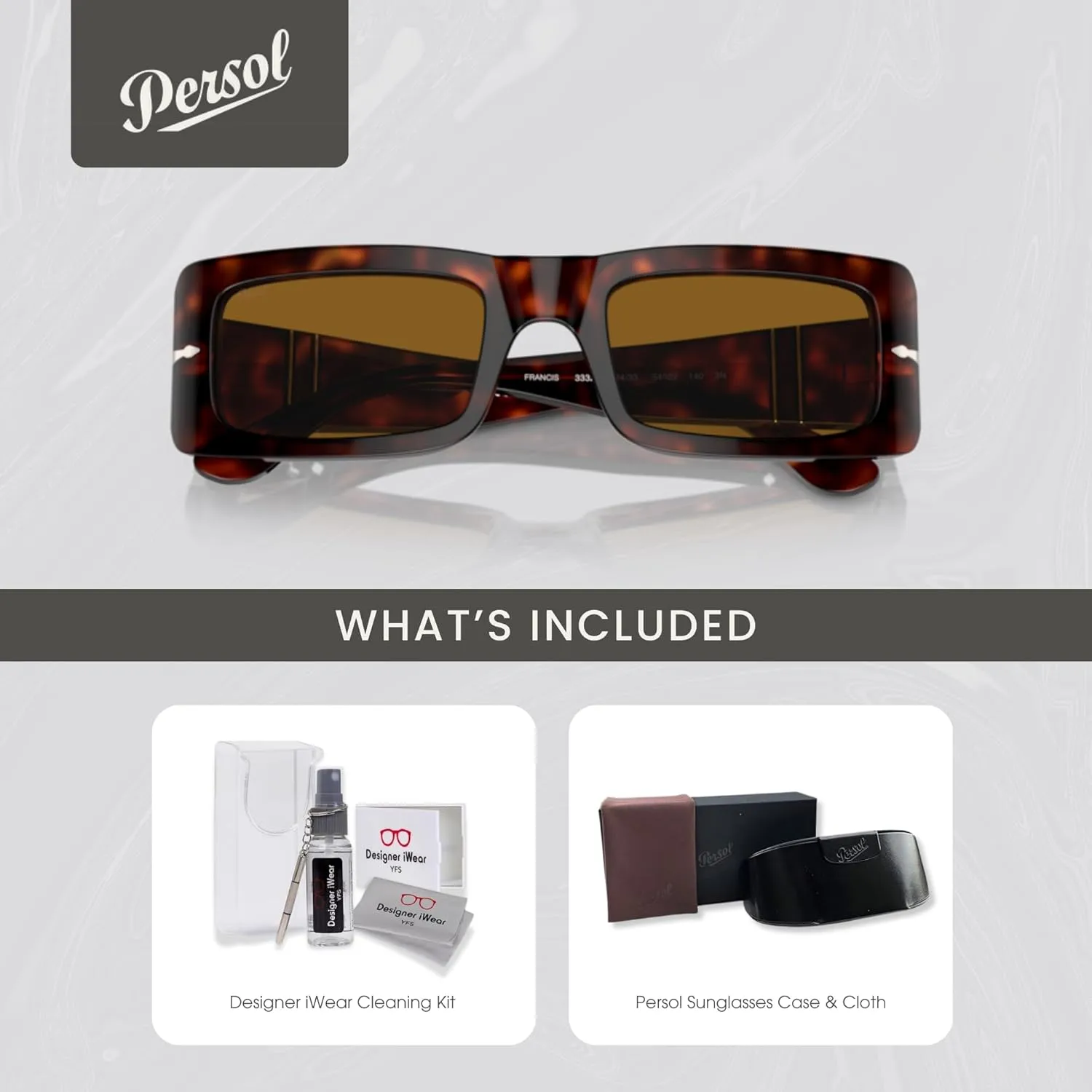 Persol Francis PO3332S Rectangle Sunglasses for Men for Women   BUNDLE With Designer iWear Complimentary Eyewear Kit