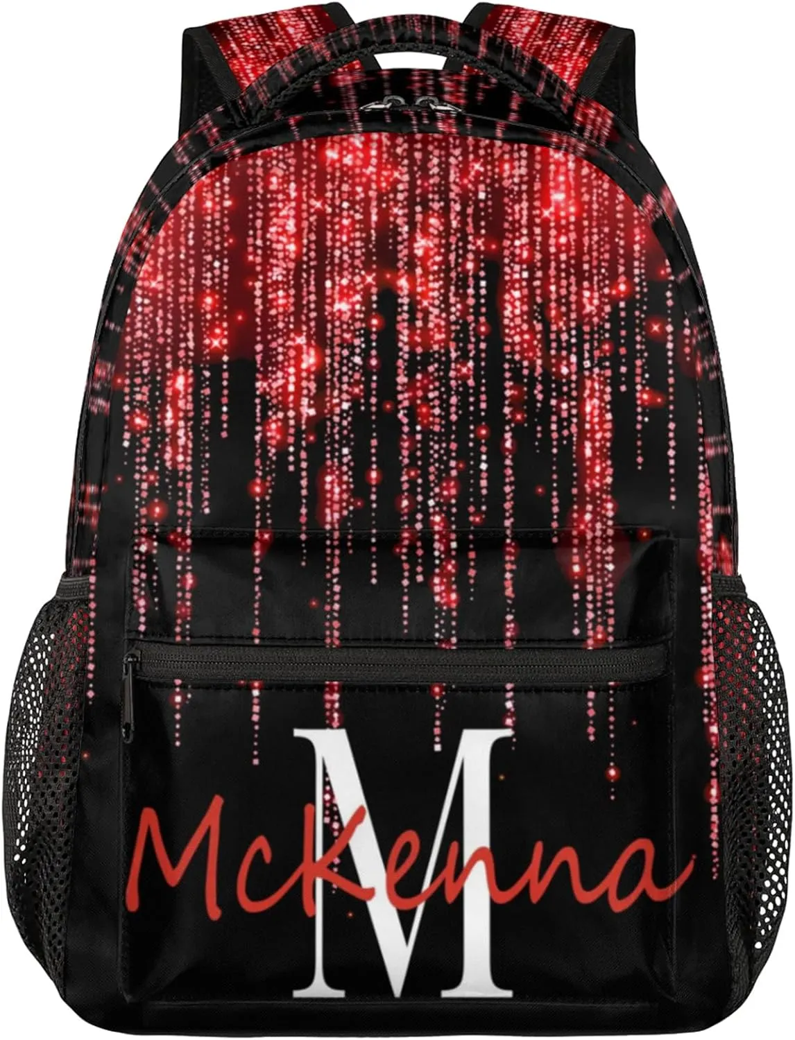 Personalized Backpack Cheer with Name Waterproof Large Bag for Birthday Holiday Gift, Romantic Red Glittering Printed with Black Background