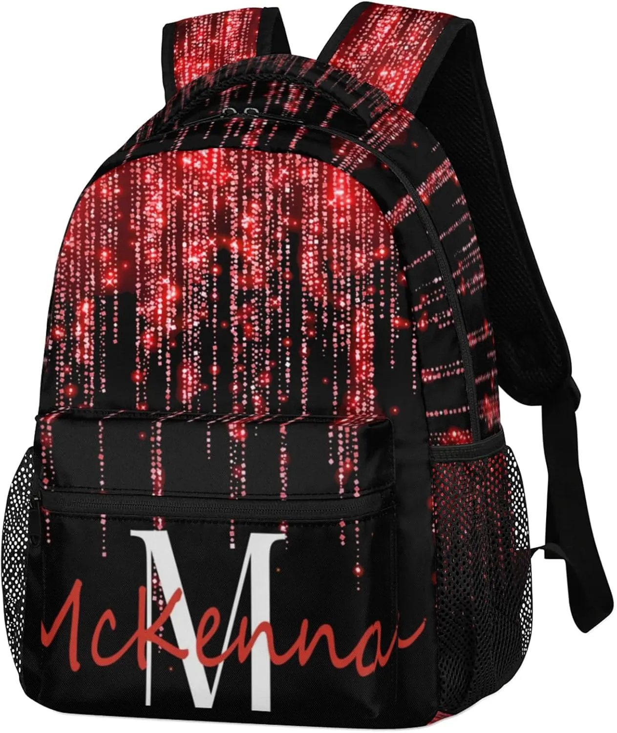 Personalized Backpack Cheer with Name Waterproof Large Bag for Birthday Holiday Gift, Romantic Red Glittering Printed with Black Background