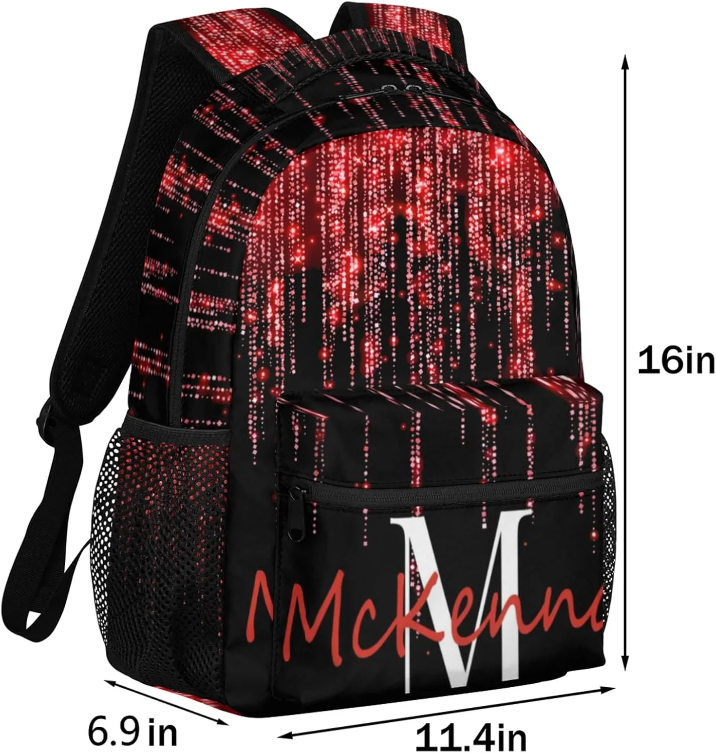 Personalized Backpack Cheer with Name Waterproof Large Bag for Birthday Holiday Gift, Romantic Red Glittering Printed with Black Background