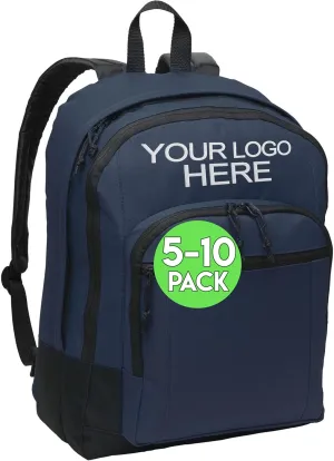 Personalized Customized Basic Classic Navy College Backpacks, 5 or 10 Pack - Add Your Embroidered Logo