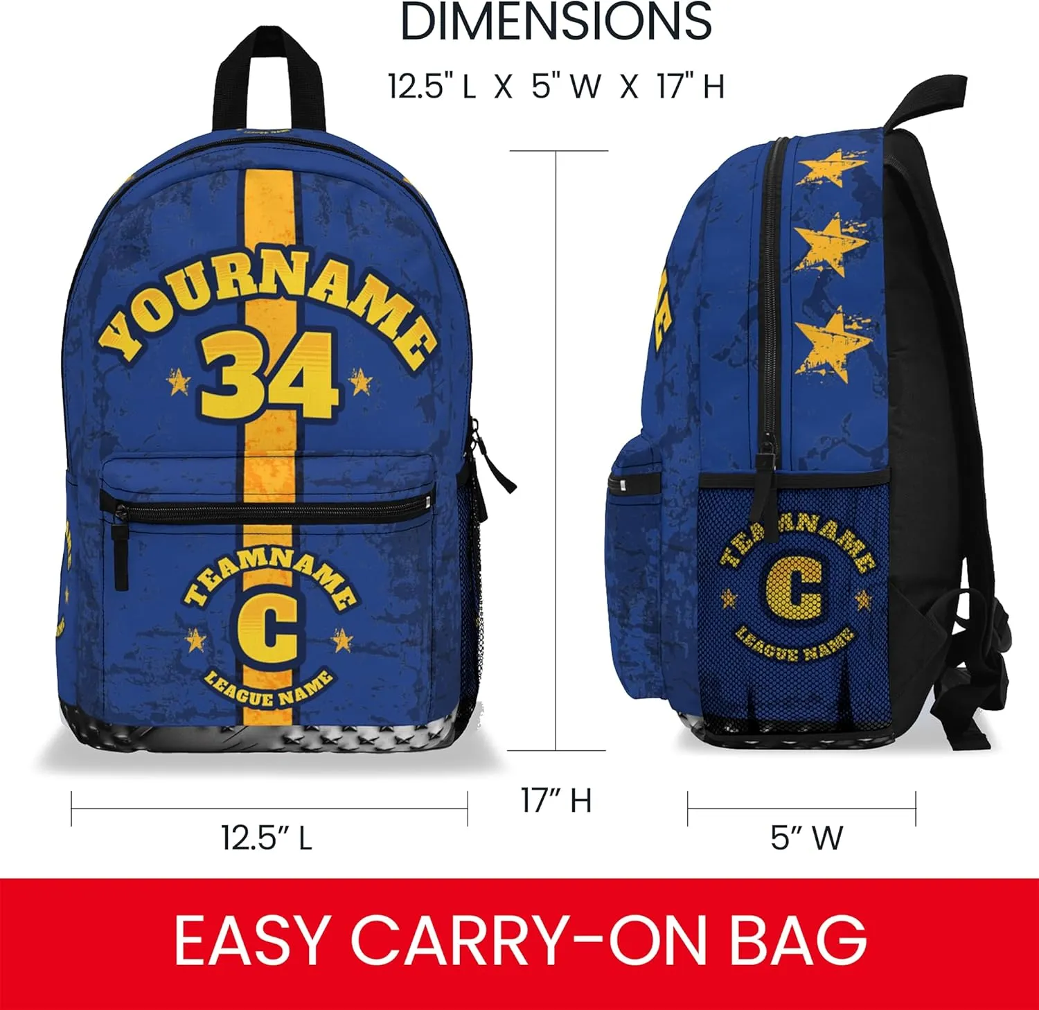 Personalized Sport Backpack Soccer, Basketball, Baseball, Football Team Gift: Name, #, Colors, Logo; Team Travel Bag (Blue Yellow)
