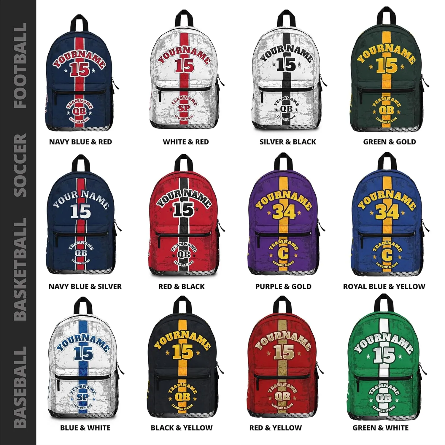 Personalized Sport Backpack Soccer, Basketball, Baseball, Football Team Gift: Name, #, Colors, Logo; Team Travel Bag (Blue Yellow)