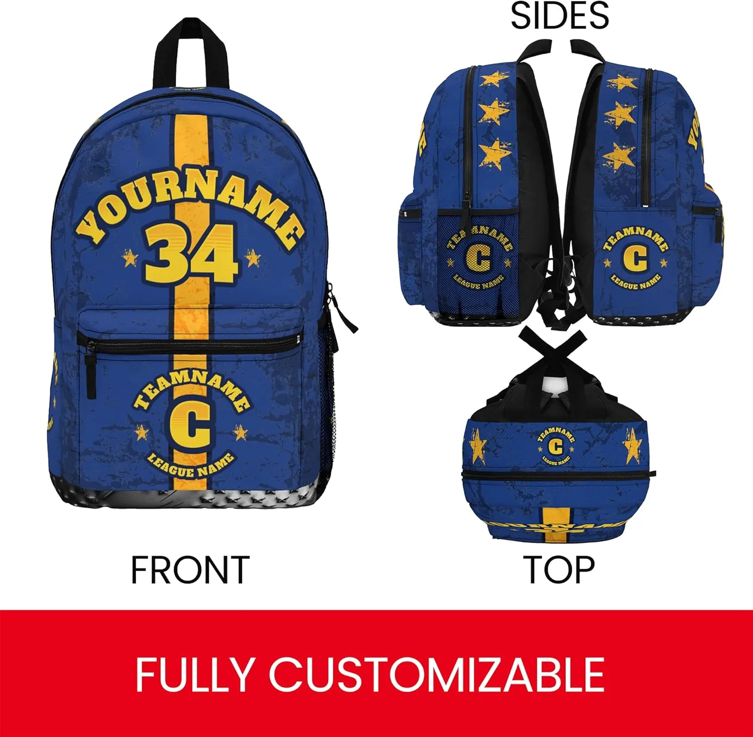 Personalized Sport Backpack Soccer, Basketball, Baseball, Football Team Gift: Name, #, Colors, Logo; Team Travel Bag (Blue Yellow)