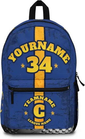 Personalized Sport Backpack Soccer, Basketball, Baseball, Football Team Gift: Name, #, Colors, Logo; Team Travel Bag (Blue Yellow)