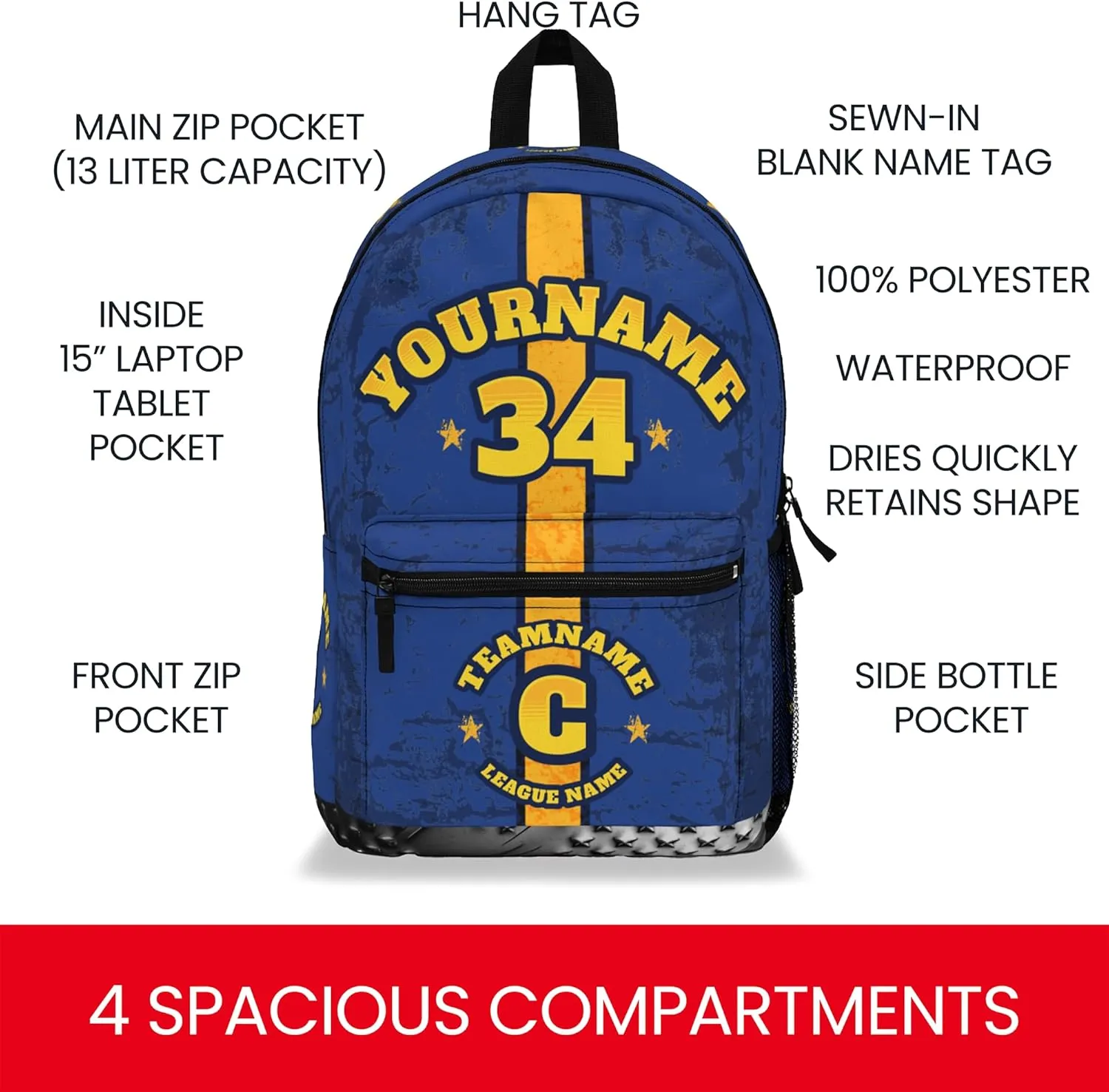 Personalized Sport Backpack Soccer, Basketball, Baseball, Football Team Gift: Name, #, Colors, Logo; Team Travel Bag (Blue Yellow)