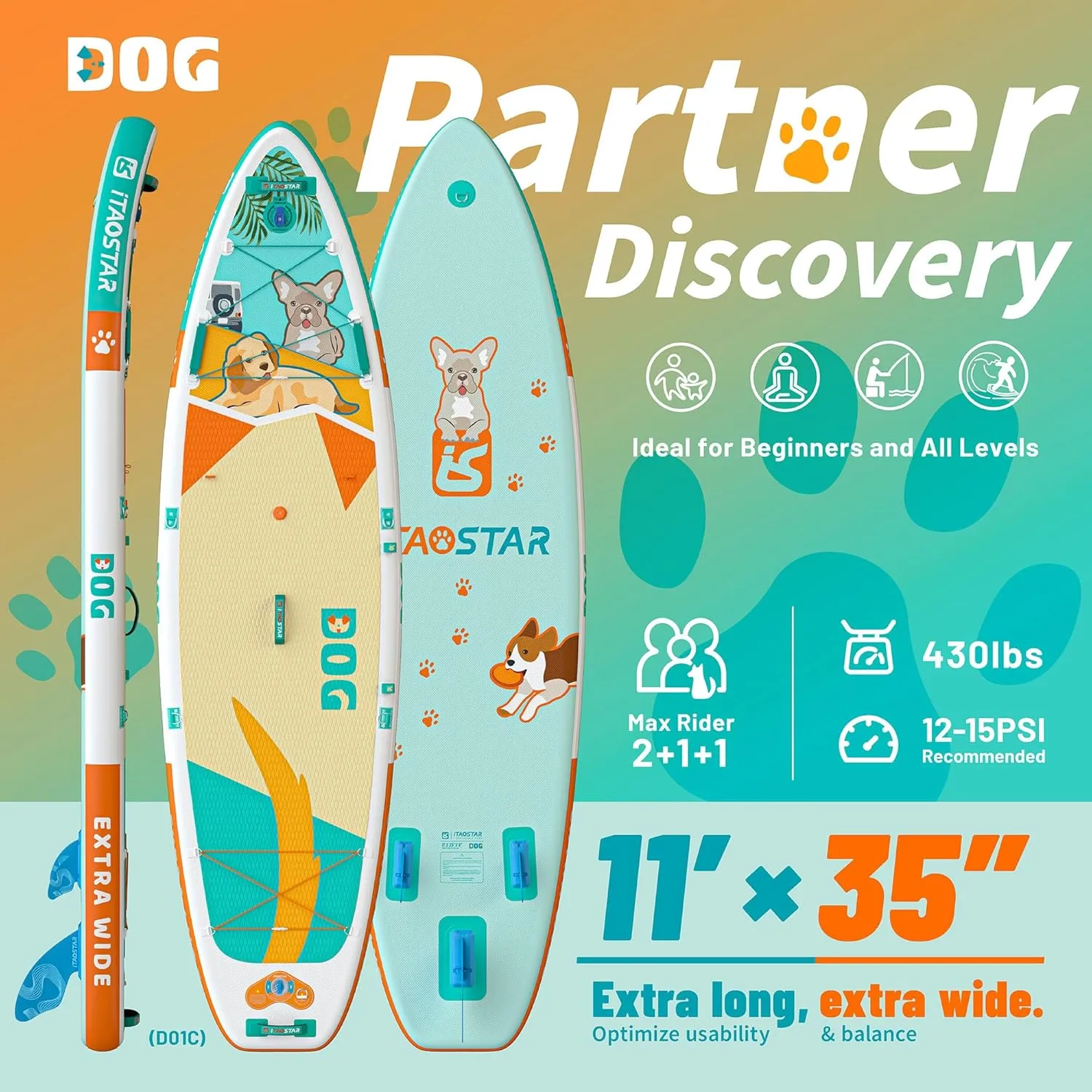 Pets 8'×29" / 11'×35" / 11'6"×34" Inflatable Paddle Board, One-Stop Premium SUP Accessories, Extra Wide Paddle Board for More Balance, Tailored Fins for More Fun
