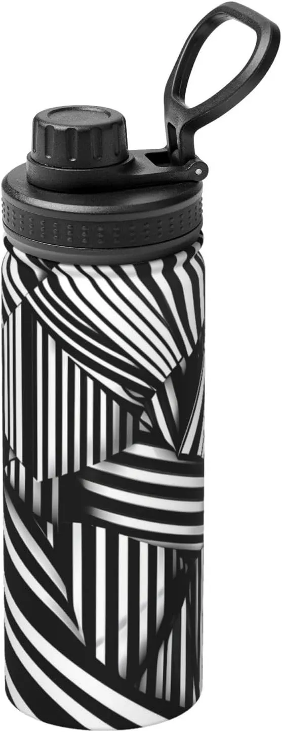 PHAYAH Black And White Geometric Lines Camping Hiking Hydration Flask Stainless Steel, Double Walled & Vacuum Insulated Water Bottle