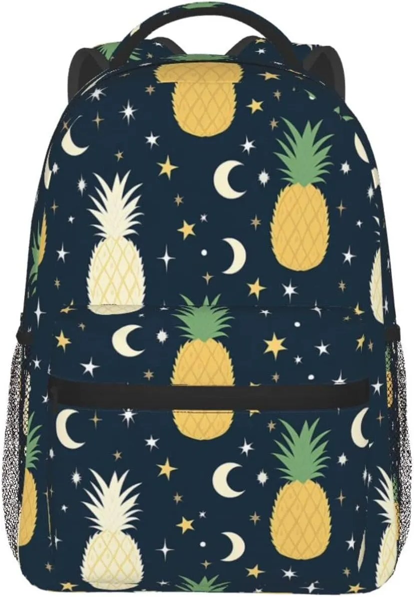 Pineapple Moon Stars Art Daypack Backpack Polyester Multipurpose Anti-Theft Shoulder Bag Big Capacity Gym Outdoor Hiking Backpack With Smooth Zippers