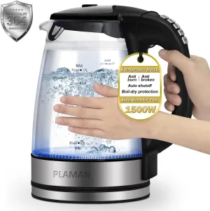 Plaman Electric Kettle Temperature Control - Keep Warm Hot Water Boiler, Double Wall Tea kettle for Boiling Water 6 Presets 1500W 4 Hours 1.7L LED Auto Shut Off Cordless