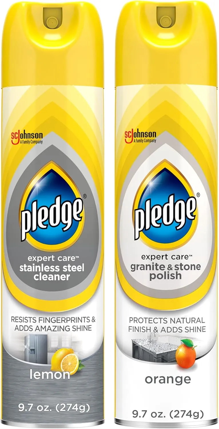 Pledge Expert Care Kitchen Surface Routine Bundle, Includes 9.7oz Stainless Steel Cleaner Lemon Scent  9.7oz Granite and Stone Countertop Polish Cleaner Orange Scent