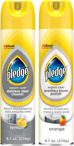 Pledge Expert Care Kitchen Surface Routine Bundle, Includes 9.7oz Stainless Steel Cleaner Lemon Scent  9.7oz Granite and Stone Countertop Polish Cleaner Orange Scent