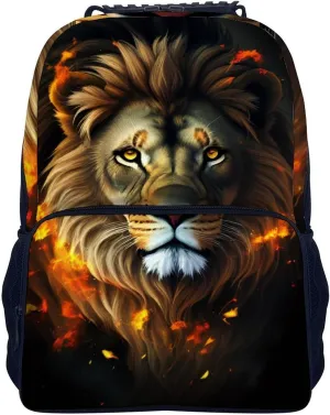 Polyester Daypack Backpack for Climbing Outdoors Running - Big Capacity Multipurpose Anti-Theft Bookbag, Cool Lion Fire Surreal Style Art Travel Hiking & Camping Rucksack