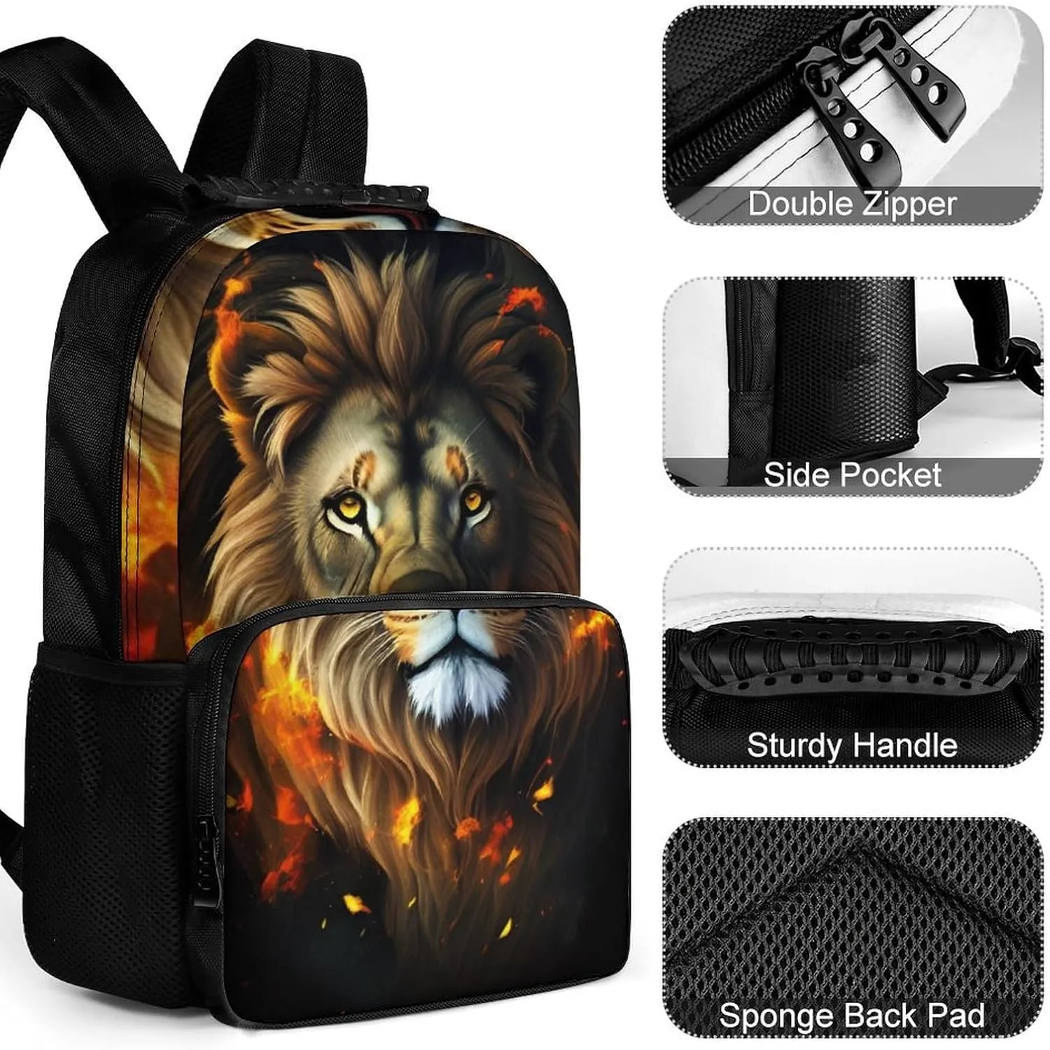 Polyester Daypack Backpack for Climbing Outdoors Running - Big Capacity Multipurpose Anti-Theft Bookbag, Cool Lion Fire Surreal Style Art Travel Hiking & Camping Rucksack