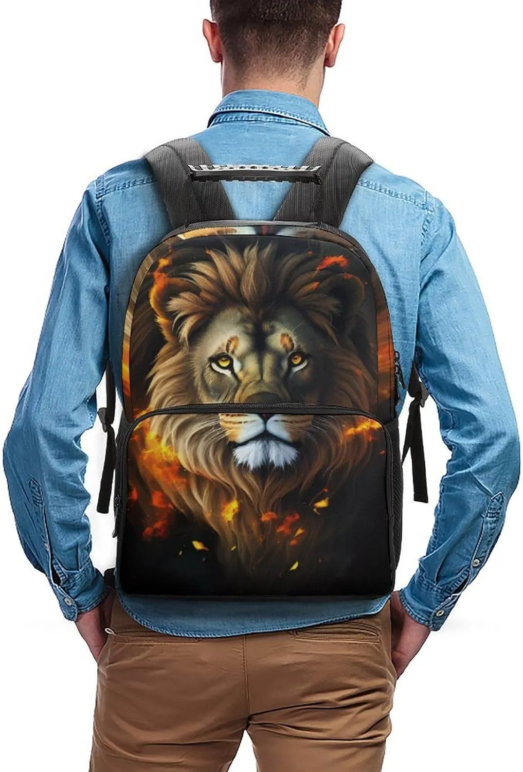 Polyester Daypack Backpack for Climbing Outdoors Running - Big Capacity Multipurpose Anti-Theft Bookbag, Cool Lion Fire Surreal Style Art Travel Hiking & Camping Rucksack