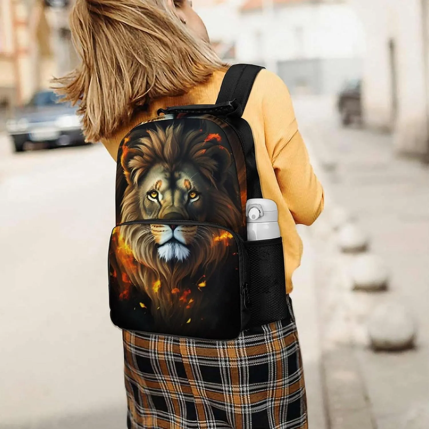 Polyester Daypack Backpack for Climbing Outdoors Running - Big Capacity Multipurpose Anti-Theft Bookbag, Cool Lion Fire Surreal Style Art Travel Hiking & Camping Rucksack