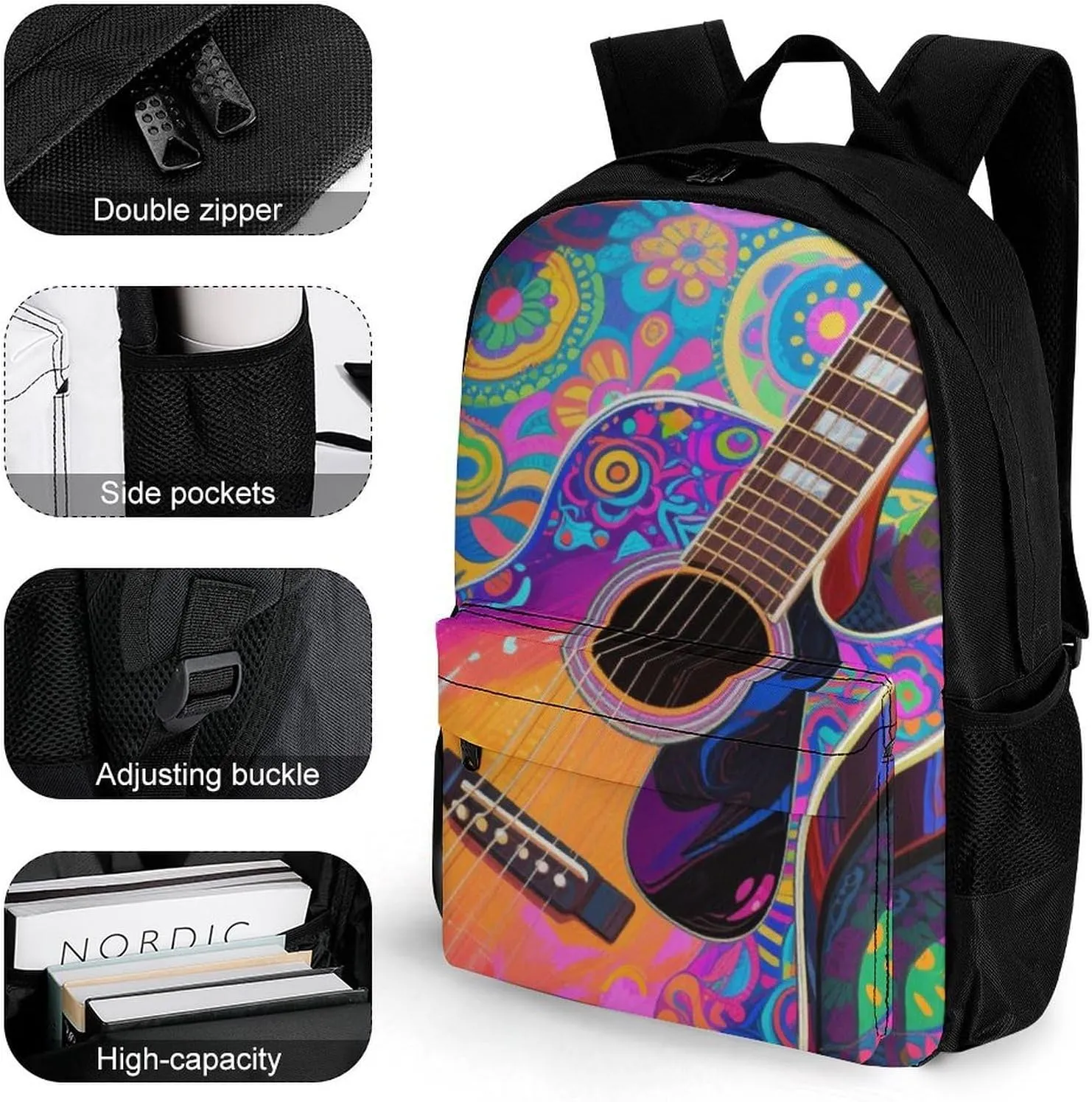 Polyester Daypack Backpack for Climbing Outdoors Running - Big Capacity Multipurpose Anti-Theft Bookbag, Electric Guitars Art Travel Hiking & Camping Rucksack