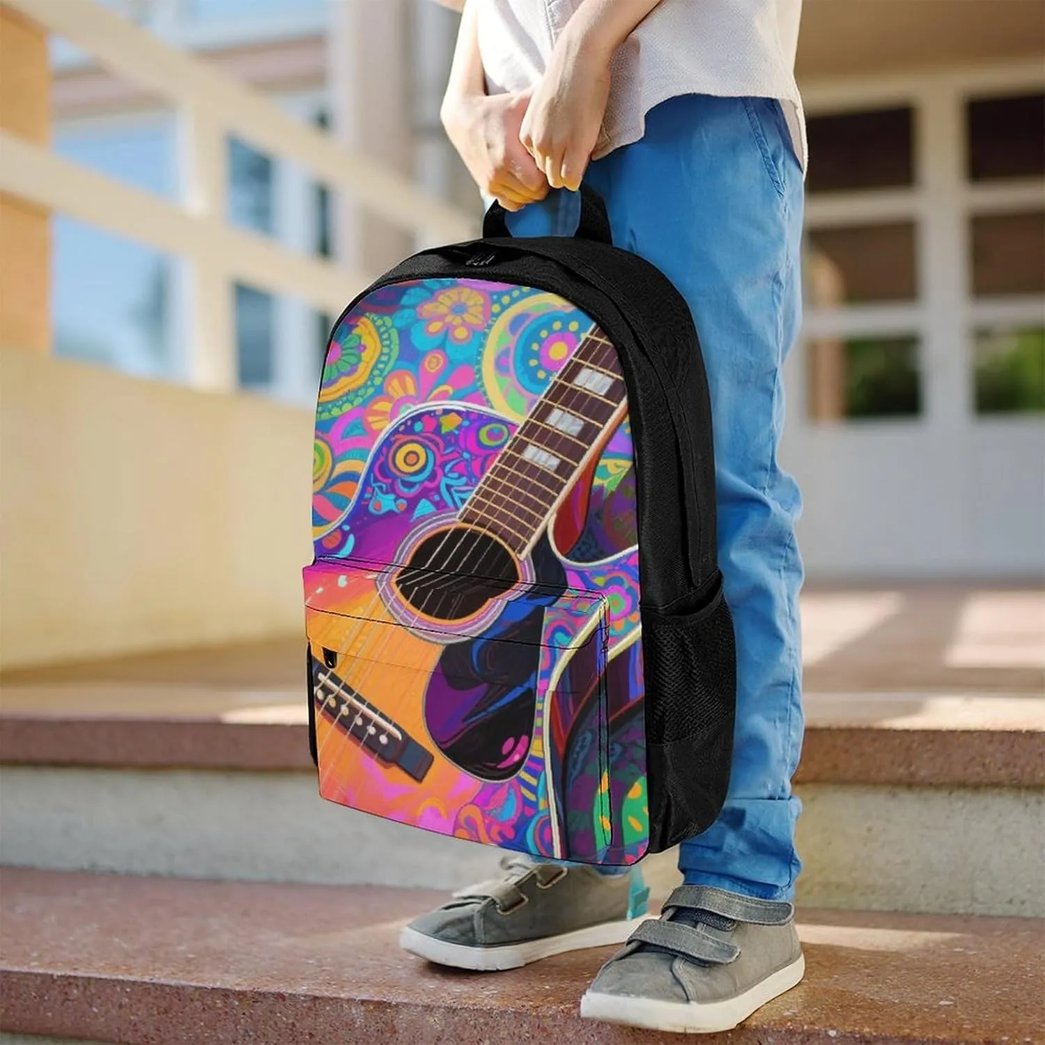 Polyester Daypack Backpack for Climbing Outdoors Running - Big Capacity Multipurpose Anti-Theft Bookbag, Electric Guitars Art Travel Hiking & Camping Rucksack