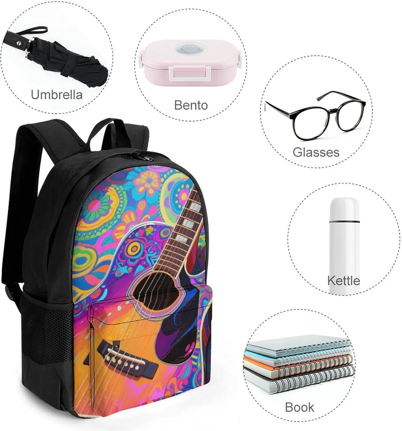 Polyester Daypack Backpack for Climbing Outdoors Running - Big Capacity Multipurpose Anti-Theft Bookbag, Electric Guitars Art Travel Hiking & Camping Rucksack