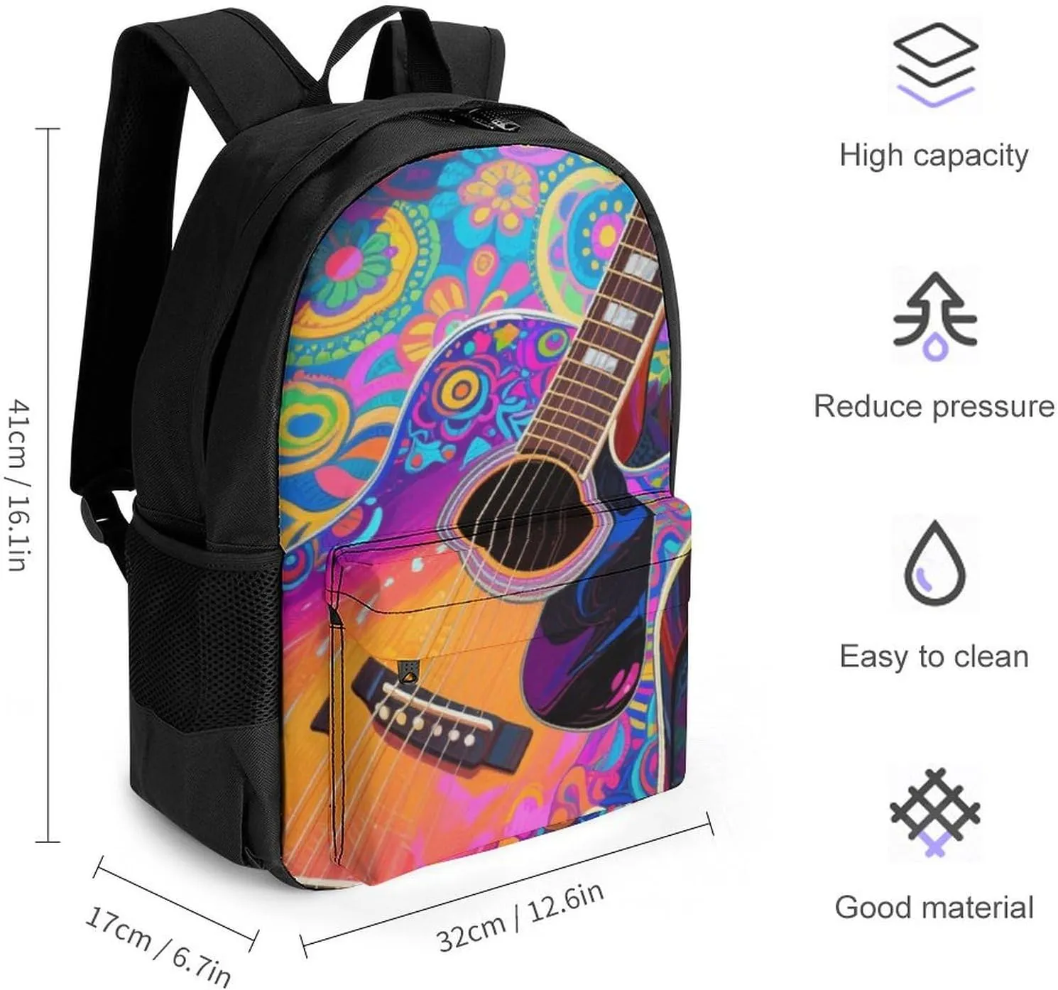 Polyester Daypack Backpack for Climbing Outdoors Running - Big Capacity Multipurpose Anti-Theft Bookbag, Electric Guitars Art Travel Hiking & Camping Rucksack