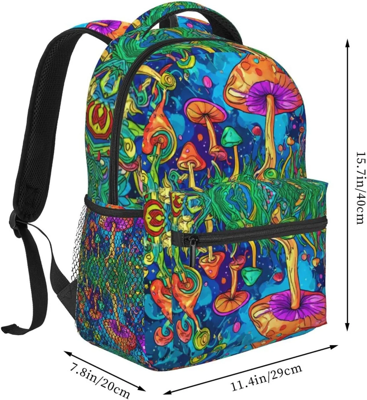 Polyester Daypack Backpack for Sports Travel Running - Big Capacity Anti-Theft Multipurpose Carry On Bag, Colorful Glowing Mushrooms Psychedelic Art Laptop Book Bag Rucksack
