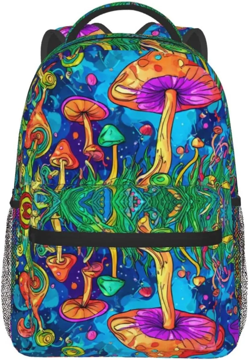 Polyester Daypack Backpack for Sports Travel Running - Big Capacity Anti-Theft Multipurpose Carry On Bag, Colorful Glowing Mushrooms Psychedelic Art Laptop Book Bag Rucksack