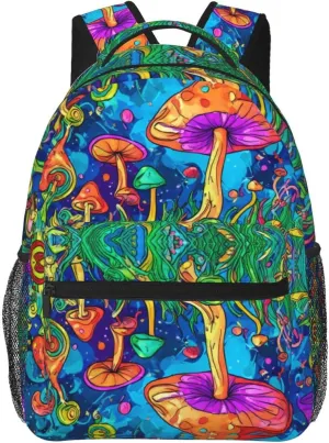 Polyester Daypack Backpack for Sports Travel Running - Big Capacity Anti-Theft Multipurpose Carry On Bag, Colorful Glowing Mushrooms Psychedelic Art Laptop Book Bag Rucksack