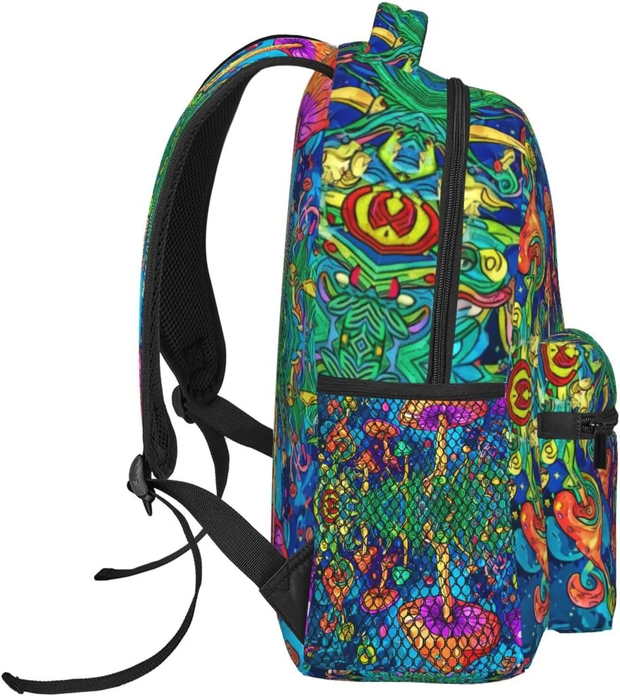 Polyester Daypack Backpack for Sports Travel Running - Big Capacity Anti-Theft Multipurpose Carry On Bag, Colorful Glowing Mushrooms Psychedelic Art Laptop Book Bag Rucksack