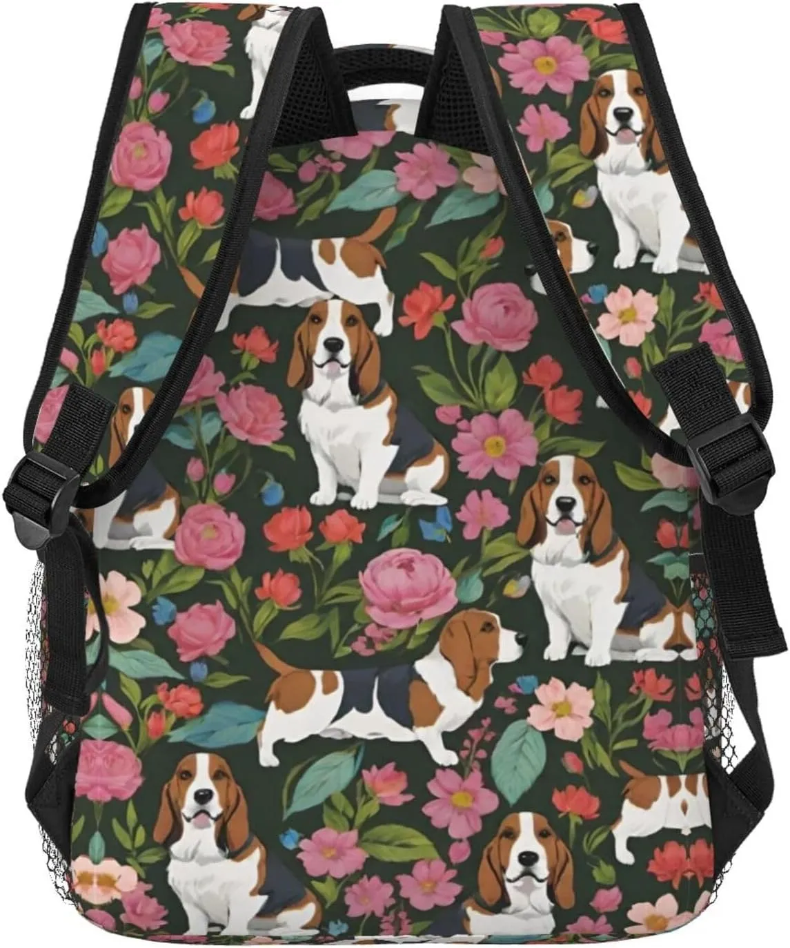Polyester Daypack Backpack for Trekking Picnic Walking Cycling - Large Capacity Anti-Theft Multipurpose Shoulder Bag, Basset Hound Dog Flower Art Casual Daypack