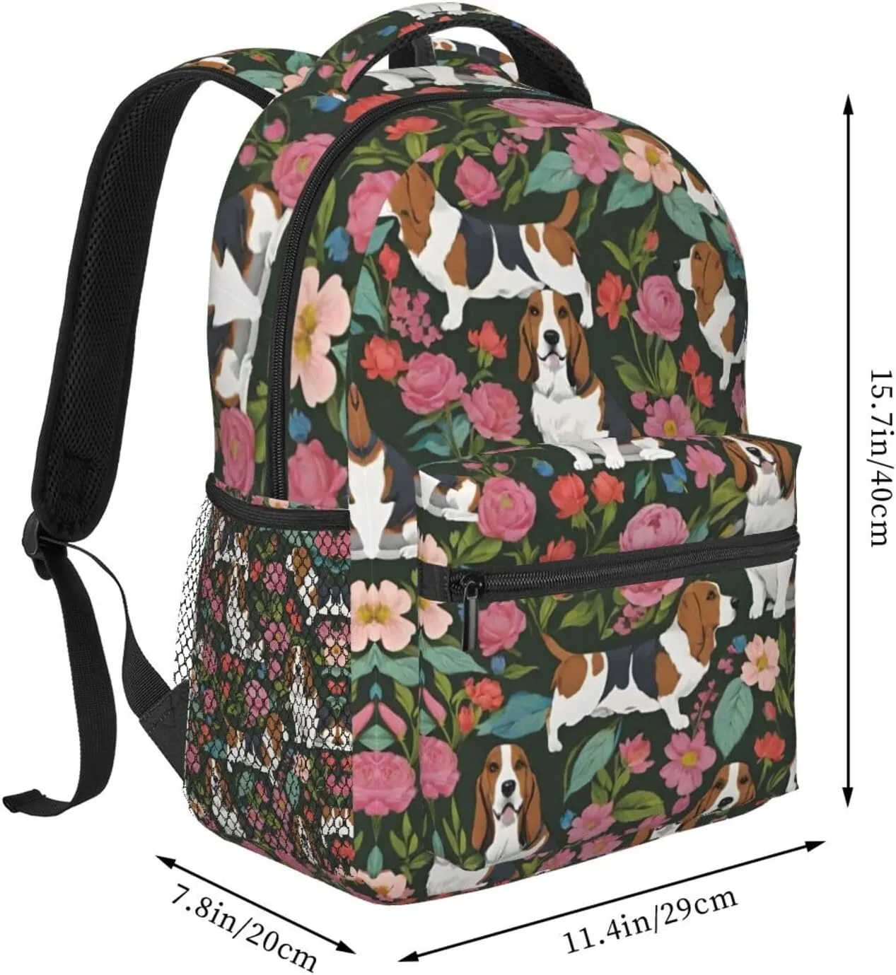 Polyester Daypack Backpack for Trekking Picnic Walking Cycling - Large Capacity Anti-Theft Multipurpose Shoulder Bag, Basset Hound Dog Flower Art Casual Daypack